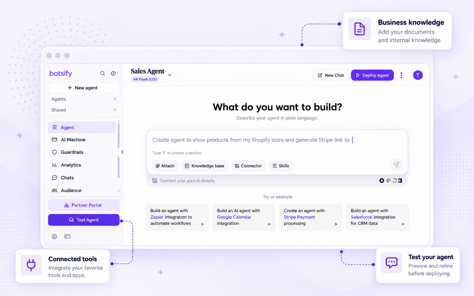Original Sales Agent builder with business knowledge, connected tools, and agent testing