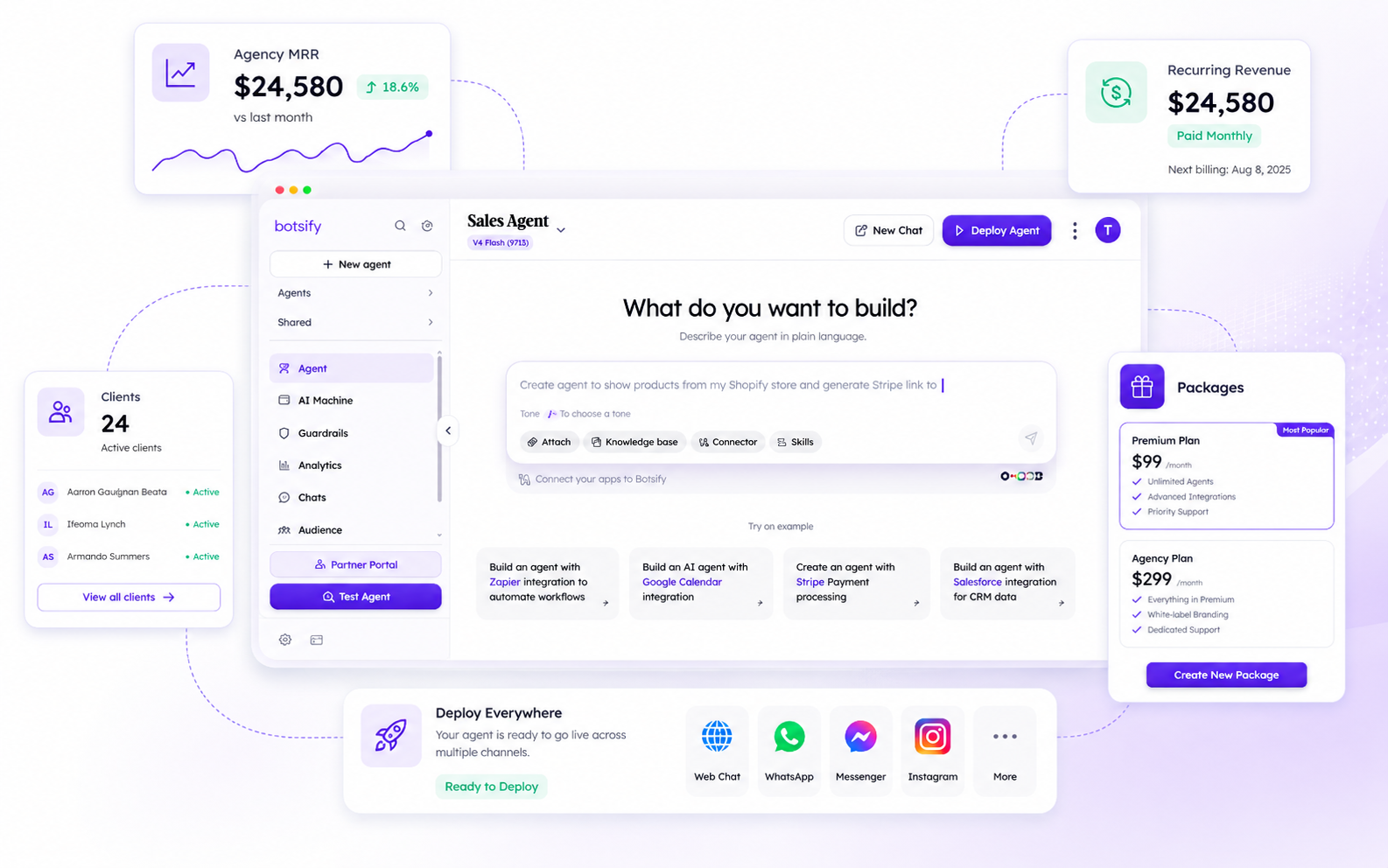 White-label agency dashboard: build agents, packages, clients, and deploy to every channel